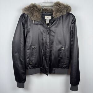 Armani Exchange Women's Jacket Black Satin Fur Hood Size M